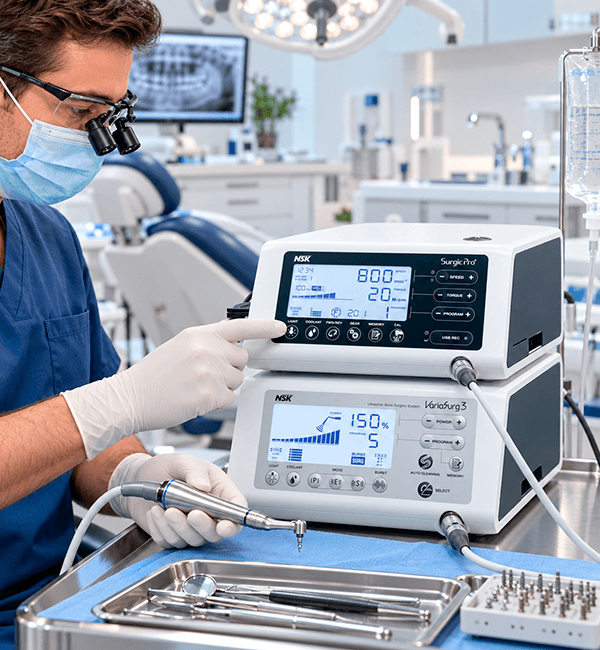 Cirurgião-dentista em atendimento com equipamentos NSK Surgic Pro e VarioSurg3